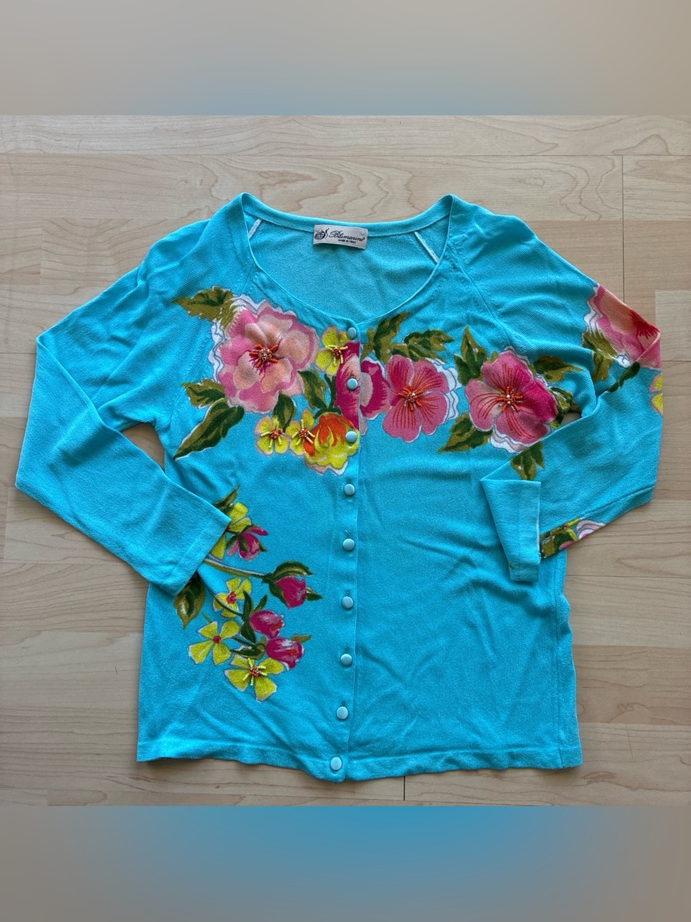 Blumarine Vintage Turquoise Floral Knit Cardigan